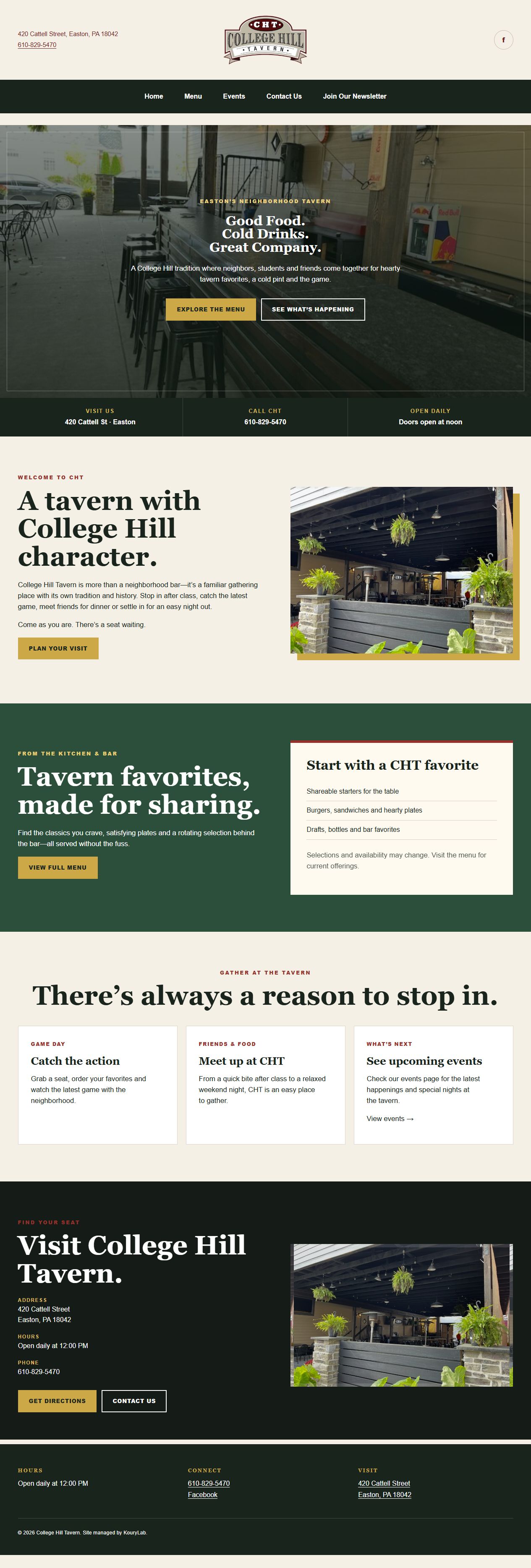 CHT.bar College Hill Tavern website homepage